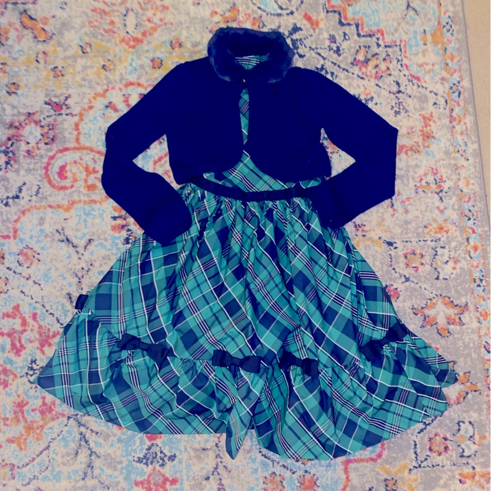 NWT Janie and Jack green and navy blue bow plaid holiday dress Sz 12